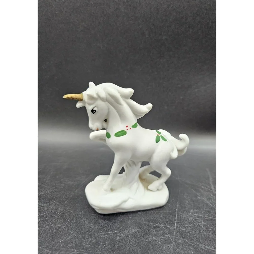 Vintage Prancing Unicorn With Christmas Holly Collar Ceramic Figurine Fantasy